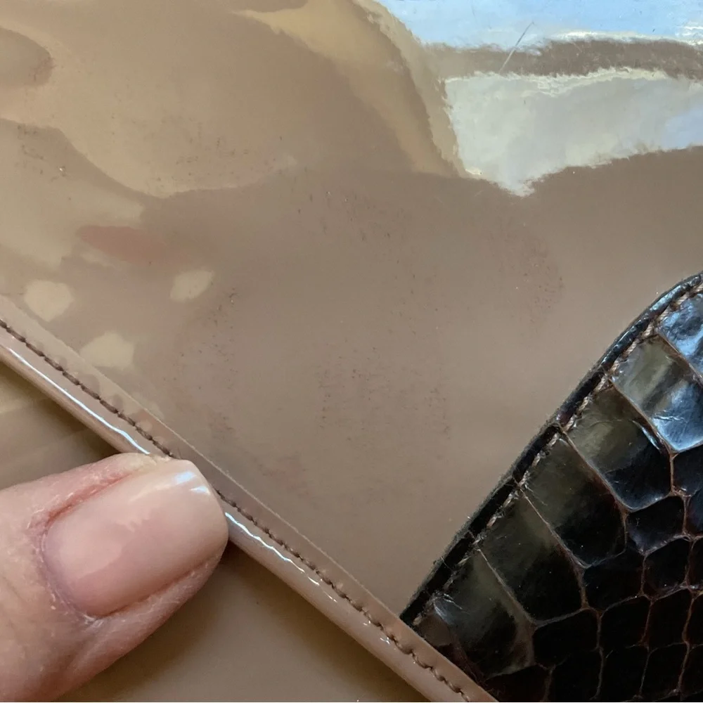 David Mehler for Dame Mocha Shiny Patent & Snakeskin Envelope Clutch VTG 70’s